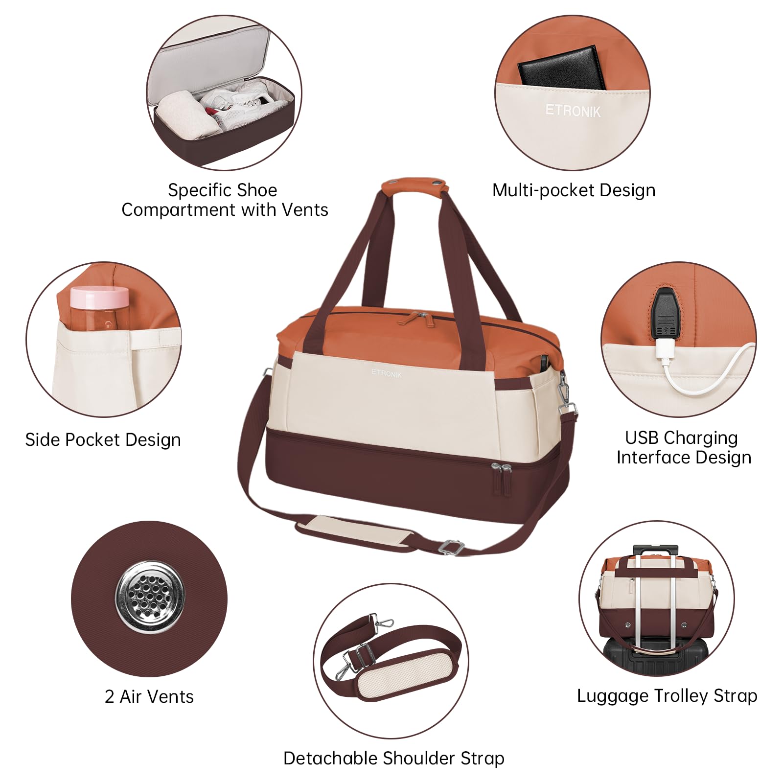 Foto 3 | Bolsa De Gimnasio Etronik Para Mujer, Bolsa De Viaje Con Puerto Usb, Color Marrón Y Caqui - Venta Internacional.