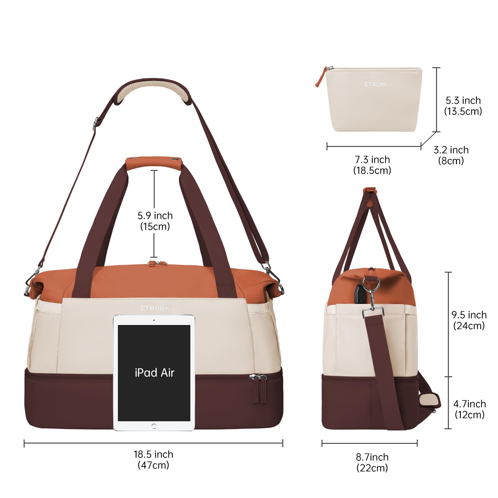 Foto 5 pulgar | Bolsa De Gimnasio Etronik Para Mujer, Bolsa De Viaje Con Puerto Usb, Color Marrón Y Caqui - Venta Internacional.