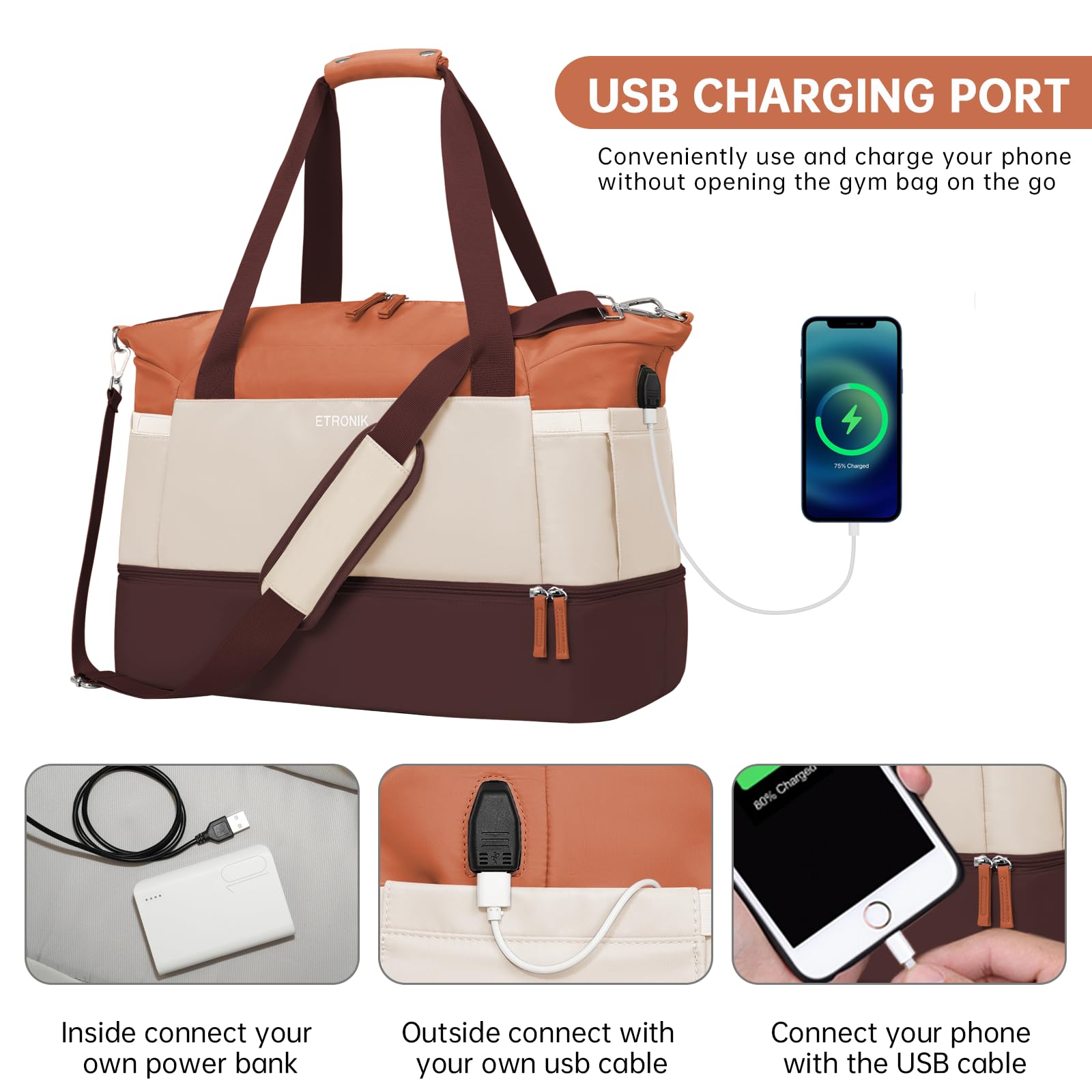 Foto 5 | Bolsa De Gimnasio Etronik Para Mujer, Bolsa De Viaje Con Puerto Usb, Color Marrón Y Caqui - Venta Internacional.