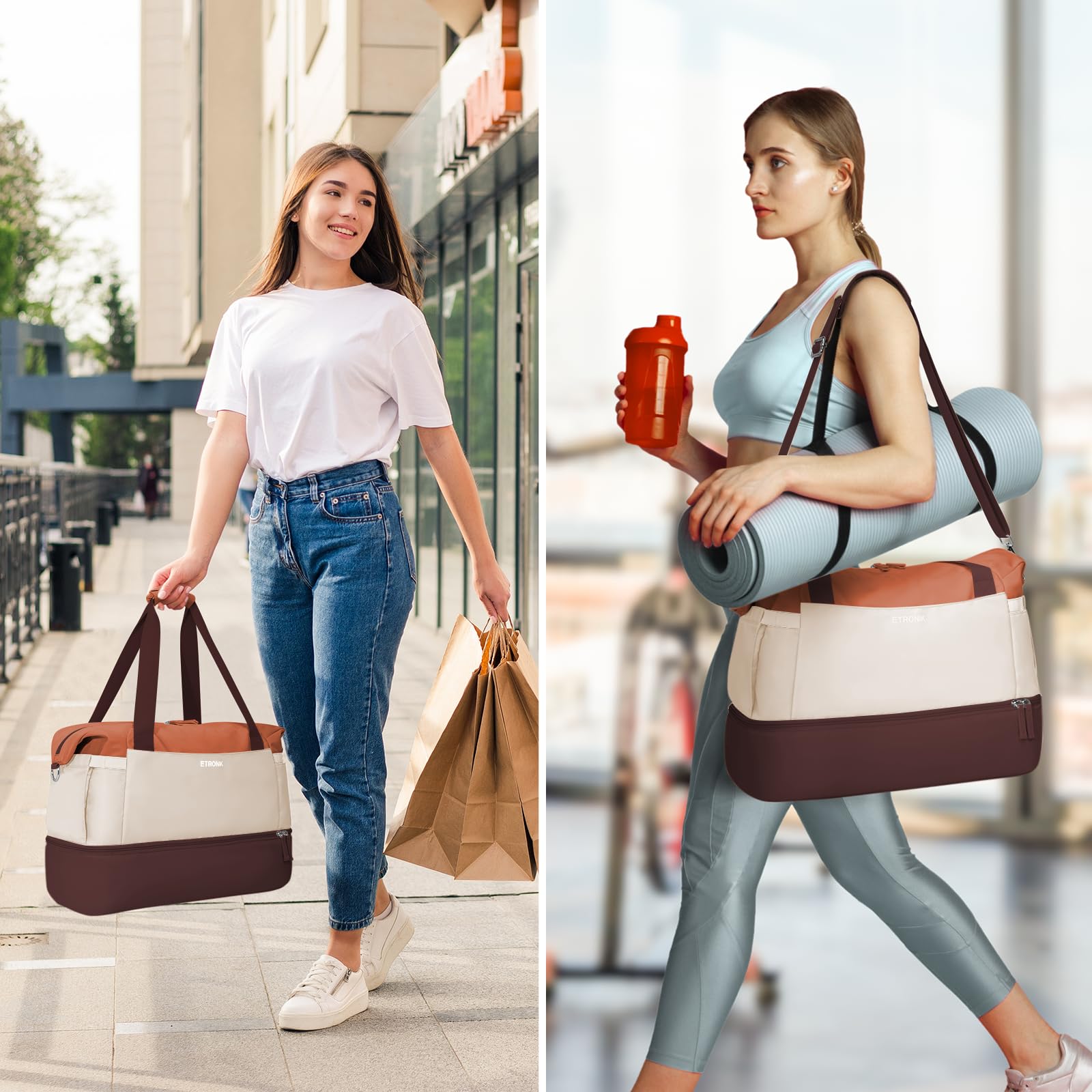 Foto 6 | Bolsa De Gimnasio Etronik Para Mujer, Bolsa De Viaje Con Puerto Usb, Color Marrón Y Caqui - Venta Internacional.