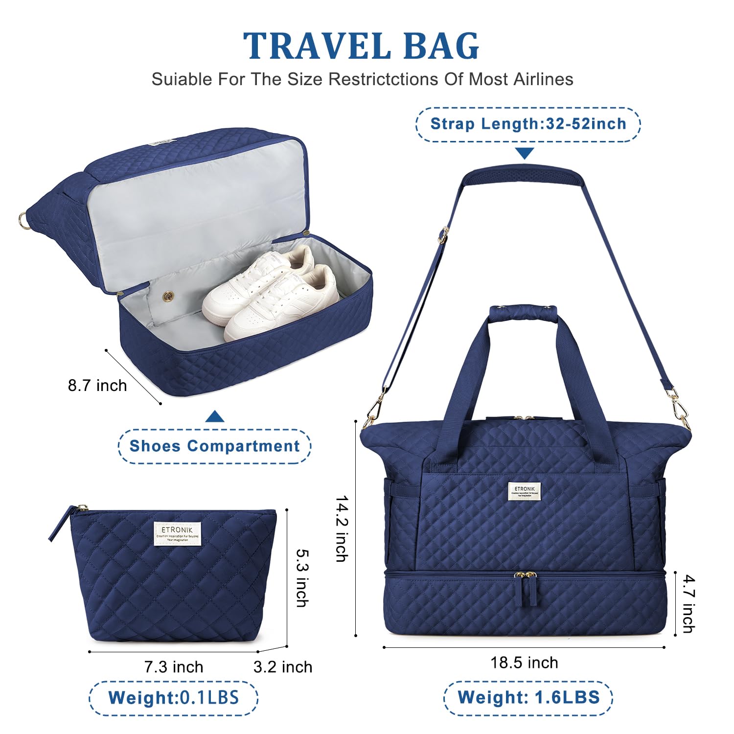 Foto 3 pulgar | Bolsa De Viaje Etronik Gym Duffel Con Compartimento Para Zapatos Para Mujer, Azul - Venta Internacional.