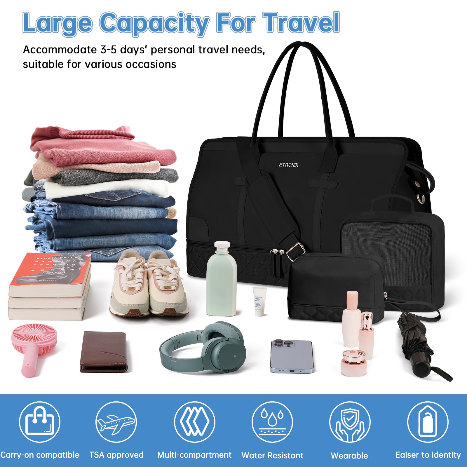 Foto 8 pulgar | Bolsos De Viaje Etronik De Fin De Semana Para Mujer, Color Negro, Juego De 4 Unidades - Venta Internacional.