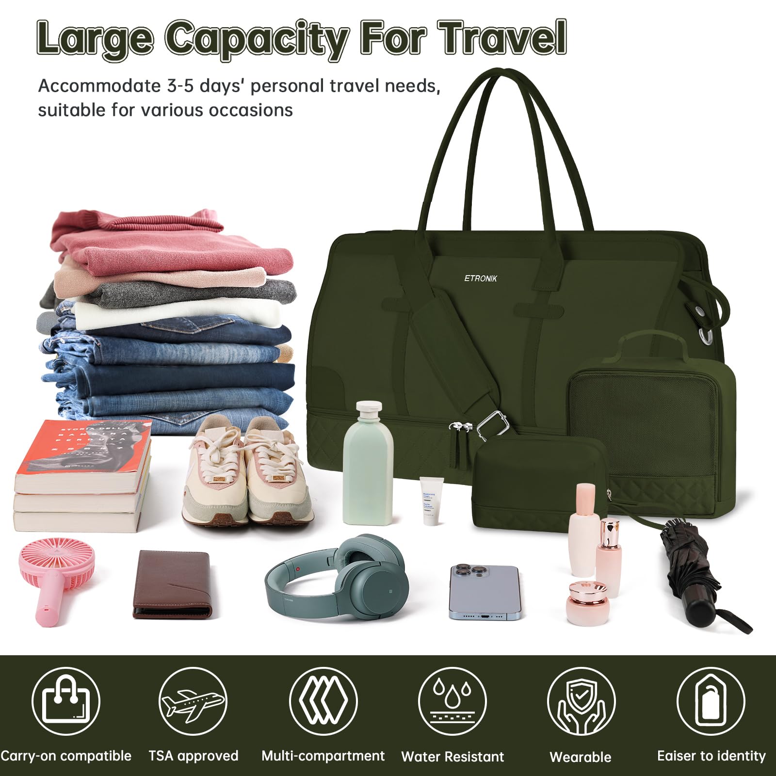 Foto 5 pulgar | Bolsa De Viaje Etronik De Fin De Semana Para Mujer Con Compartimento Para Zapatos - Venta Internacional.