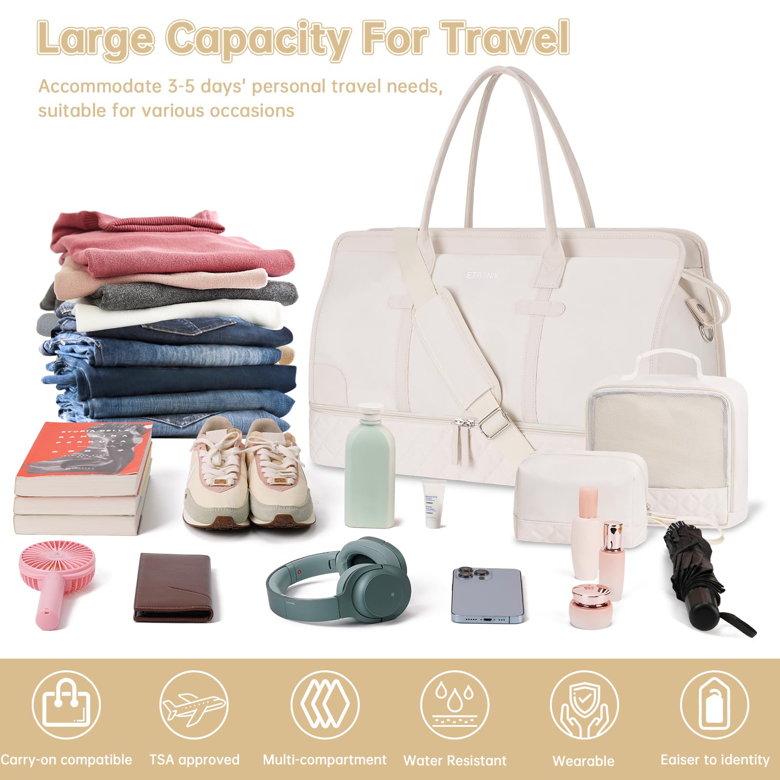 Foto 5 pulgar | Bolsa De Viaje Weekender Etronik Para Mujer, Talla Xl, Color Beige - Venta Internacional.