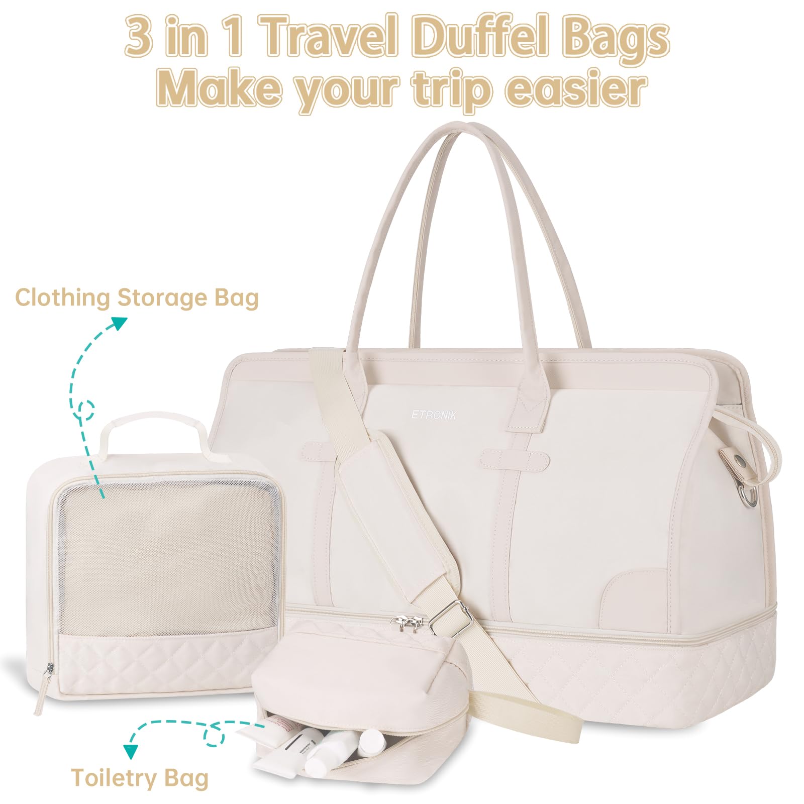 Foto 8 pulgar | Bolsa De Viaje Weekender Etronik Para Mujer, Talla Xl, Color Beige - Venta Internacional.