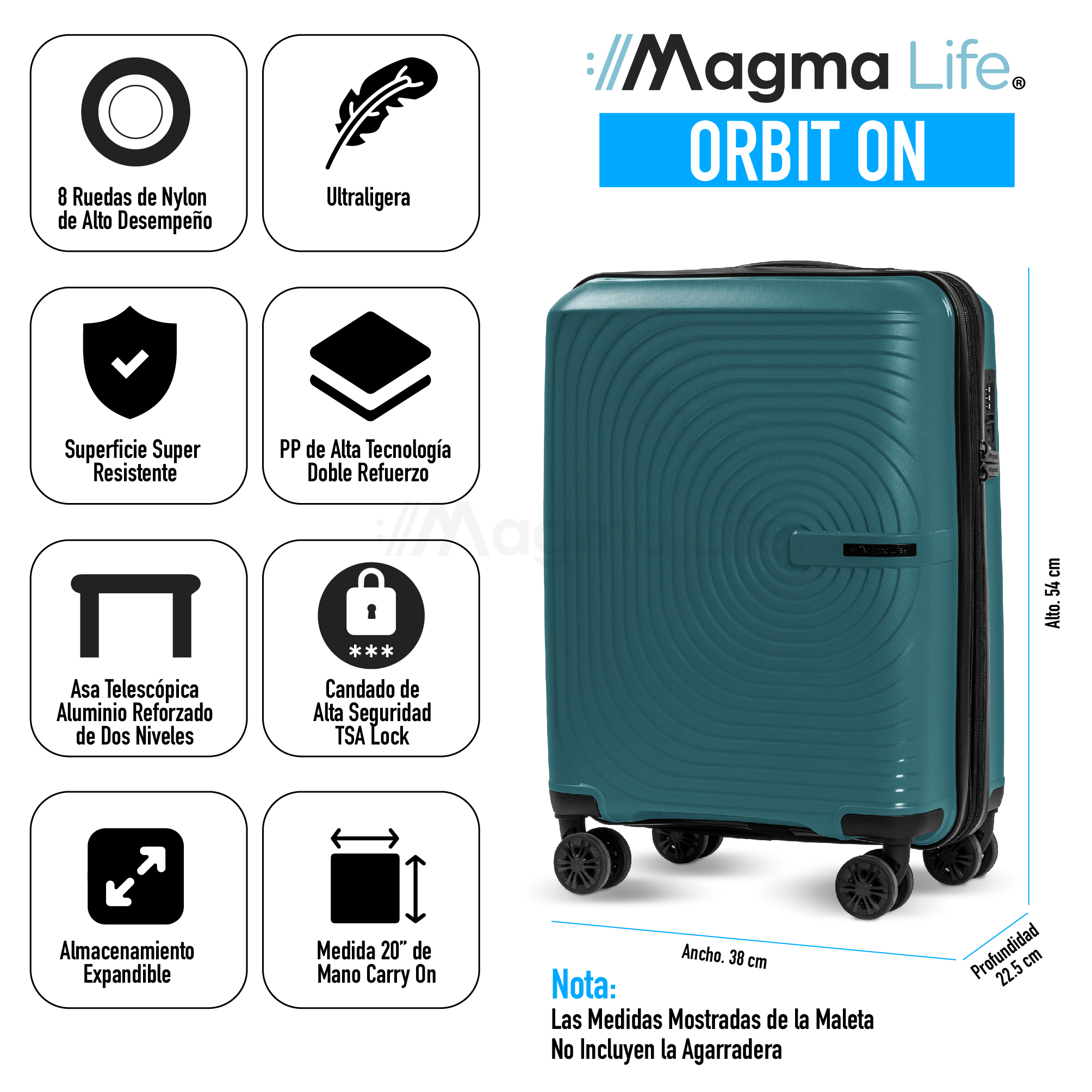 Foto 6 pulgar | Magmalife Maleta De Viaje Orbit Carry On, 10 Kg, Cerradura Tsa, 8 Rueda, Asa Telescópica