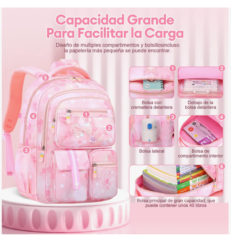 Foto 3 pulgar | Mochila Bolsa Niña Escolar Primaria Infantil Impermeable Aitirrobo Arcoíris Capacidad Lazo Rosa