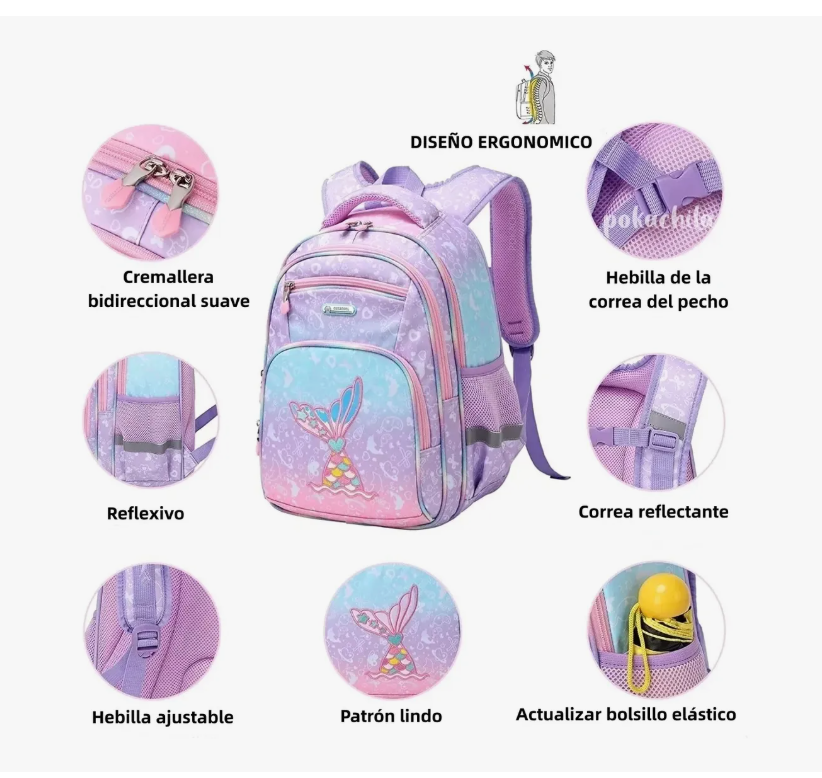 Foto 4 pulgar | Mochila Escolar Infantil Impermeable De Sirena Para Primaria