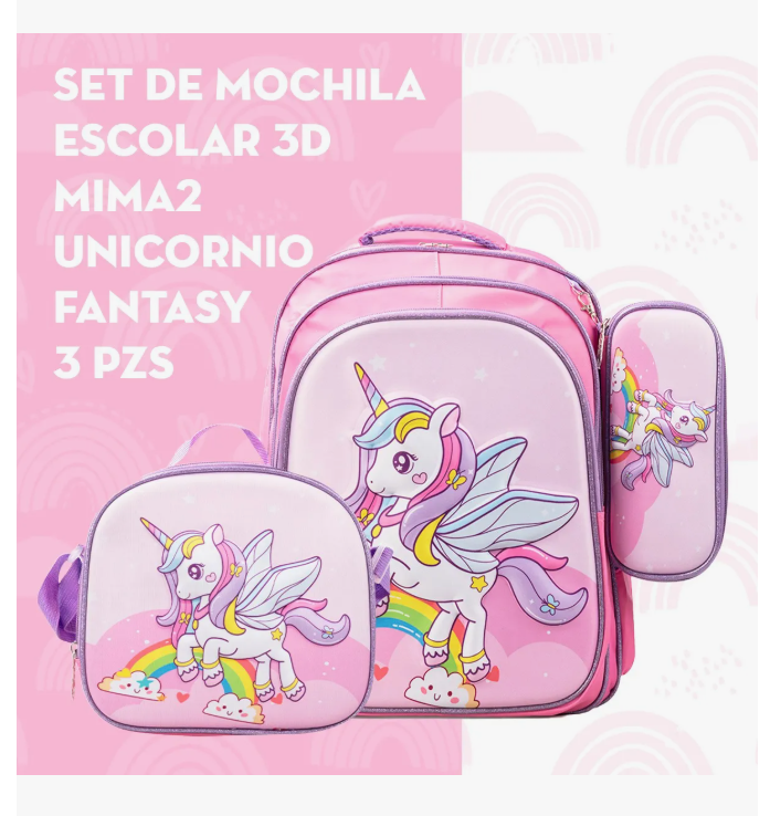Foto 3 pulgar | Set De Mochila Escolar 3d Unicornio Fantasy 3 Pzs 38 L Rosa