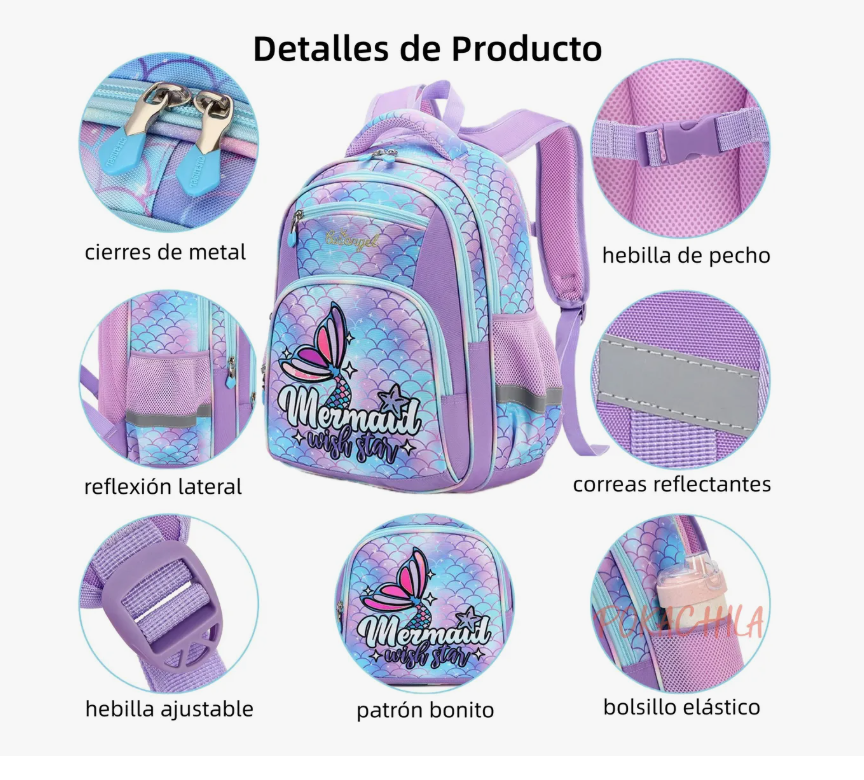 Foto 3 pulgar | Mochila Escolar Infantil Impermeable De Sirena Para Primaria