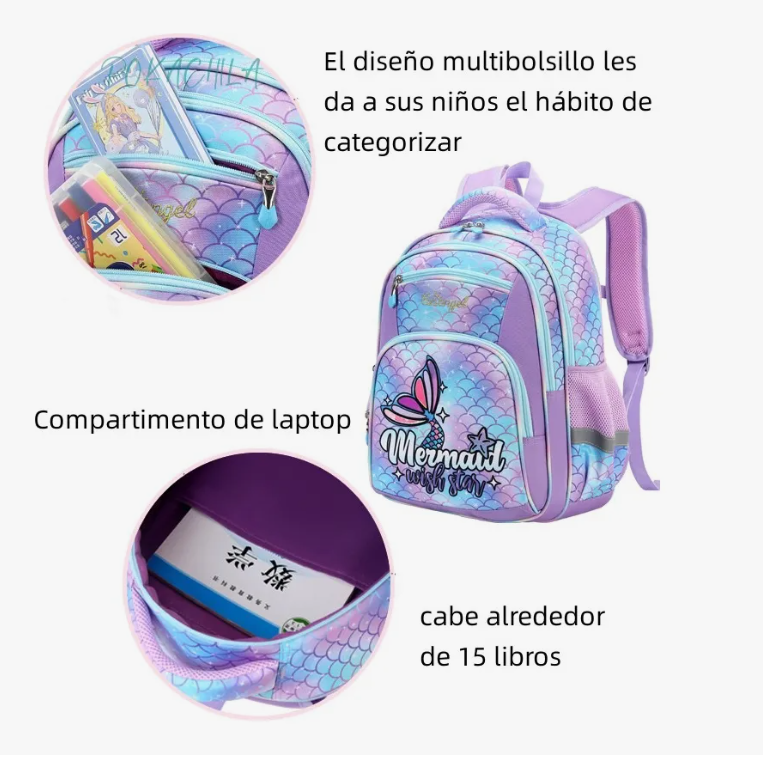 Foto 6 pulgar | Mochila Escolar Infantil Impermeable De Sirena Para Primaria