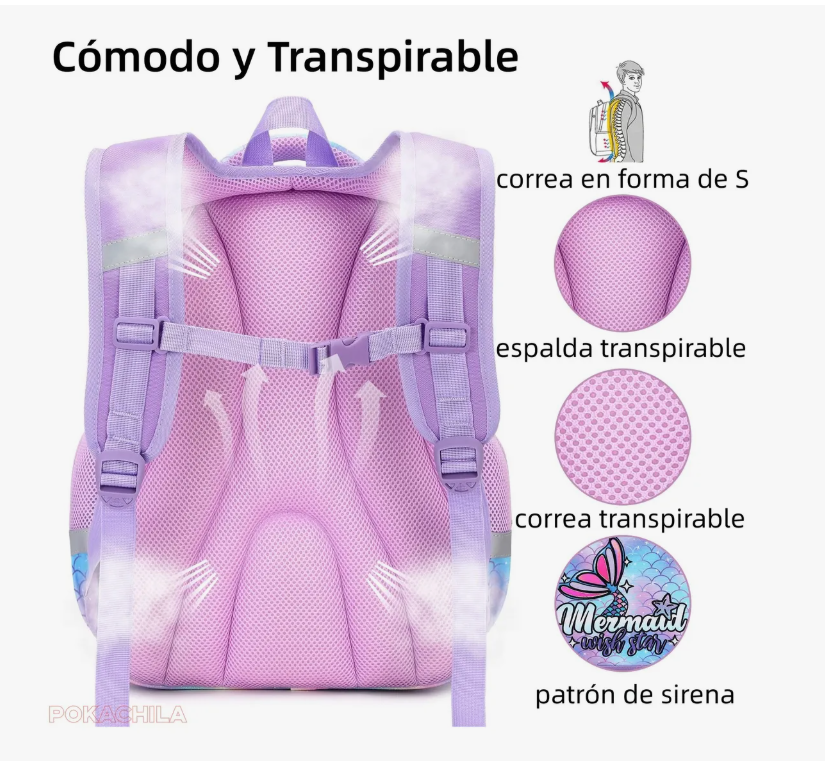 Foto 8 pulgar | Mochila Escolar Infantil Impermeable De Sirena Para Primaria