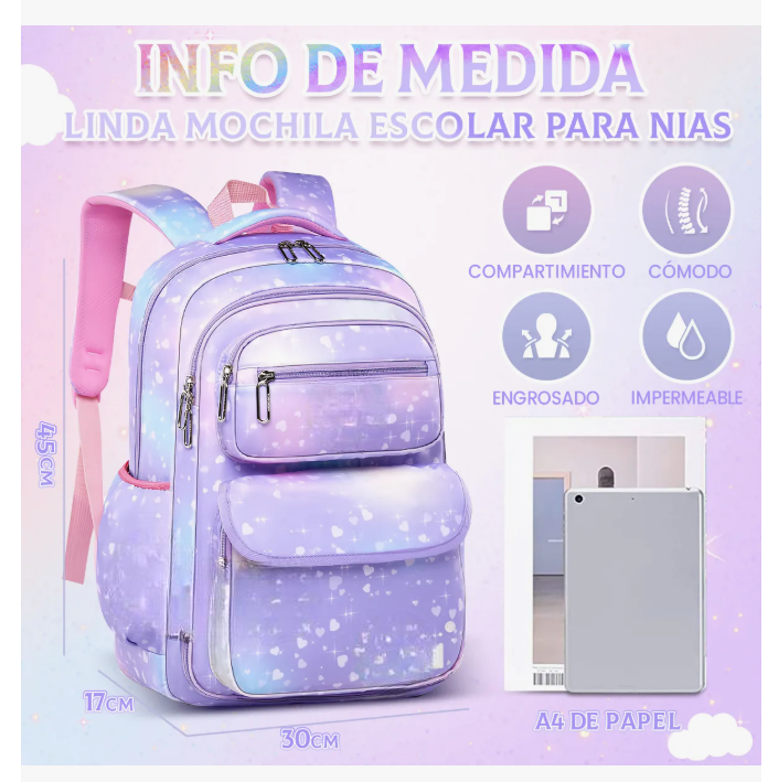 Foto 3 pulgar | Mochila Escolar  Para Niñas De Primaria Segundaria Gran Capacidad 30 L Con Apertura 180grados