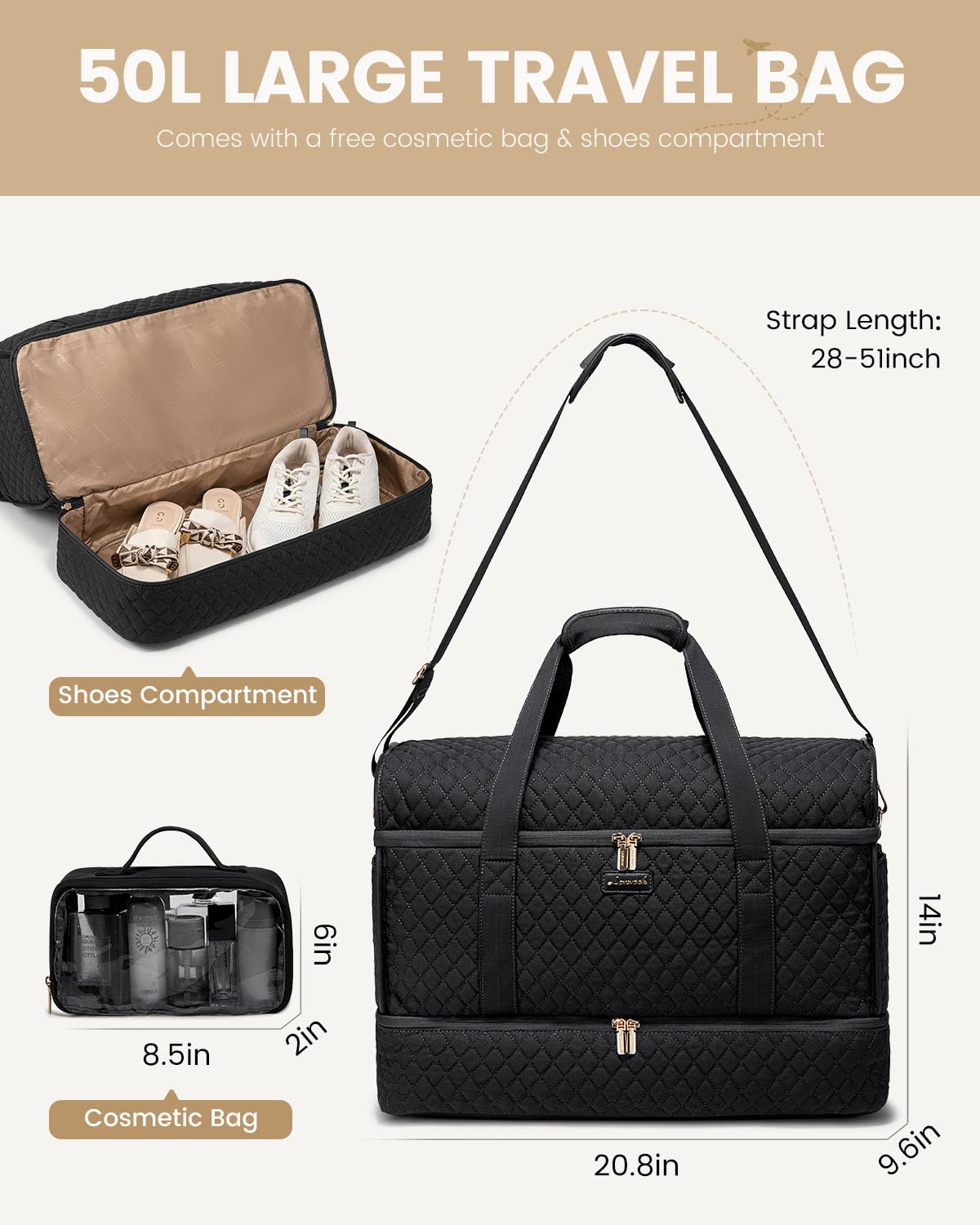 Foto 4 pulgar | Bolsa De Viaje Lovevook Grande Para Viajes De Fin De Semana, 50 Litros, Con Zapato, Negra - Venta Internacional.