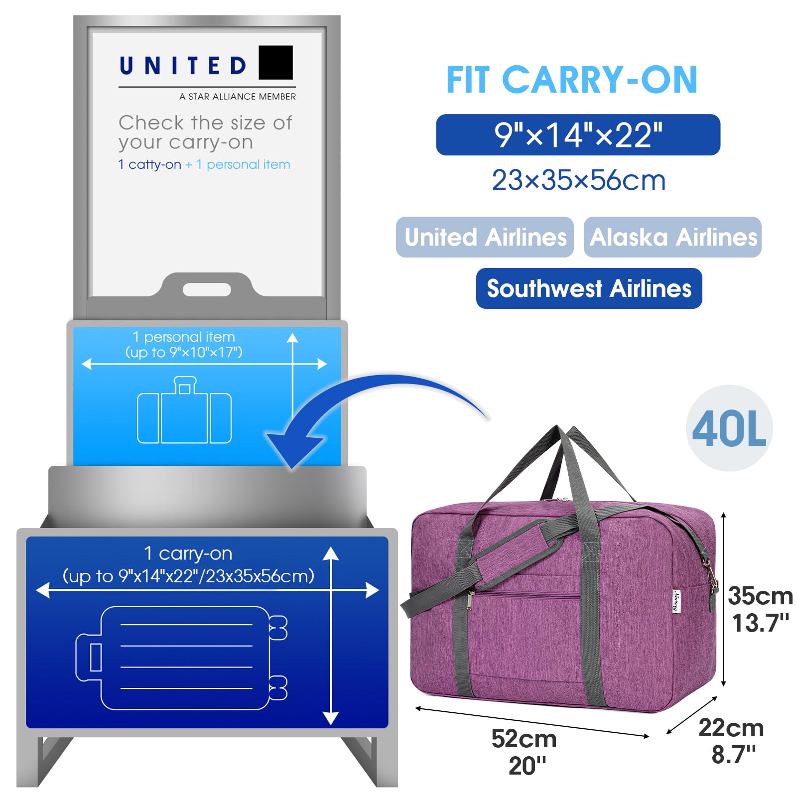 Foto 3 pulgar | Bolsa De Mano Plegable Narwey Para United Airlines 40l Purple - Venta Internacional.