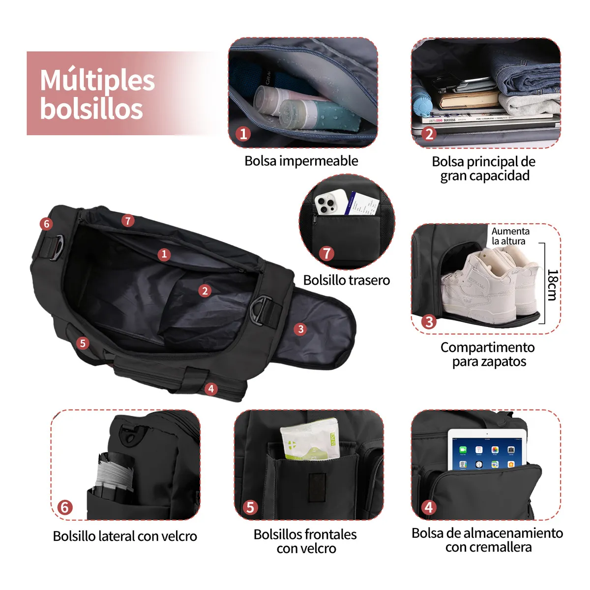 Foto 3 pulgar | Maleta Bolsa Gimnasio Viaje Mochila Fitness 2pcs Eo Safe Imports Esi-20046 Negro