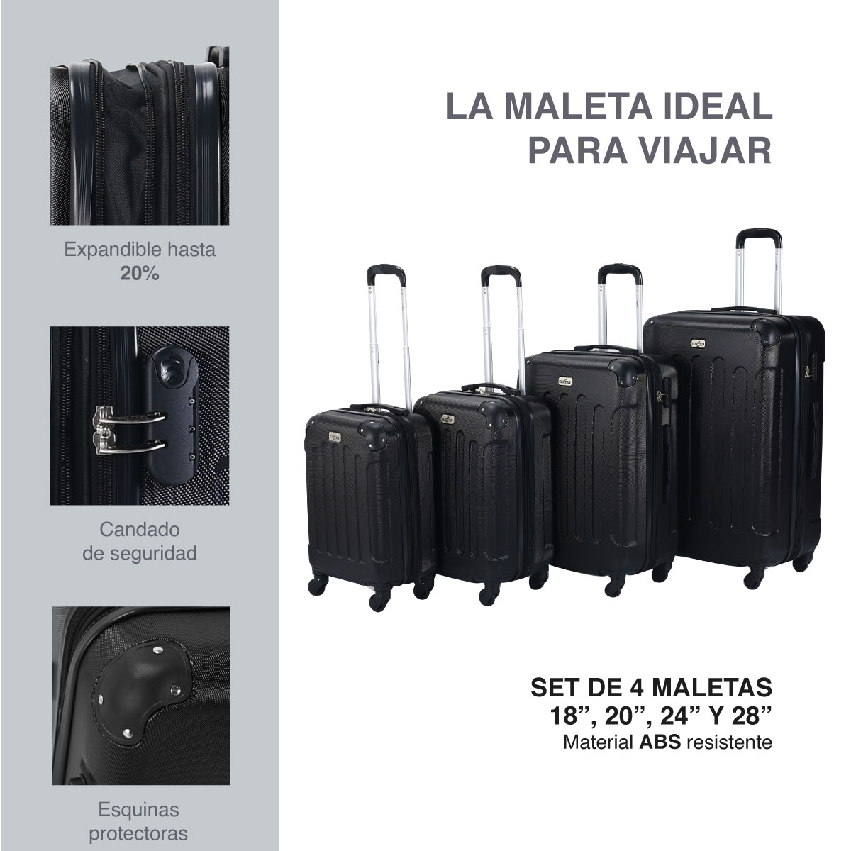 Foto 3 pulgar | Juego de 4 Maletas Abs de Mano Tokio 18" 20" 24" y 28" Negro