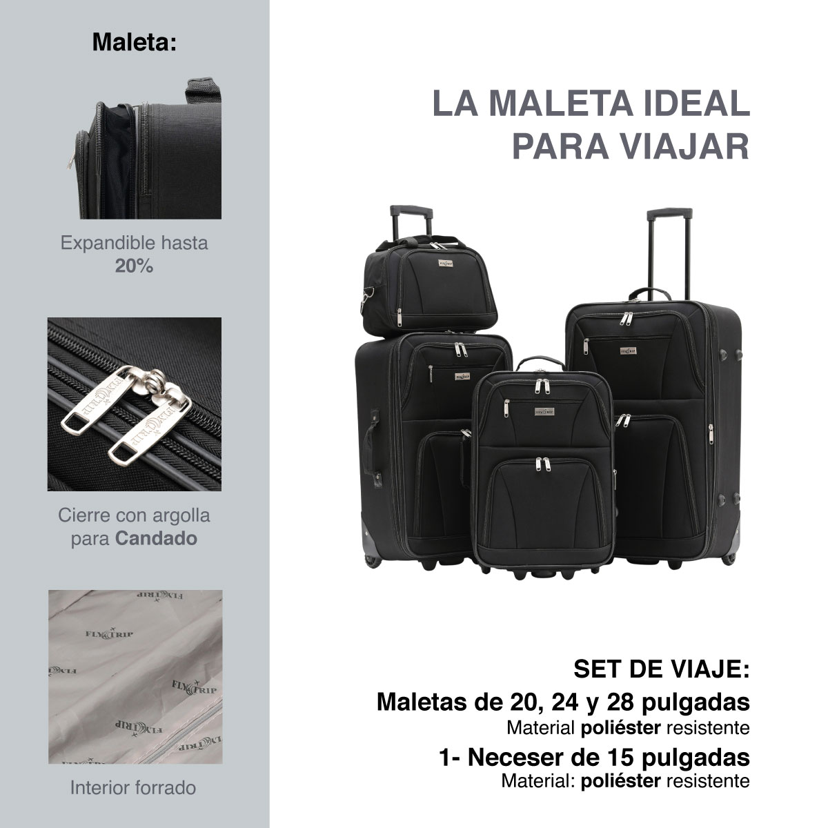 Foto 2 | Maletas y 1 Neceser Fly & Trip Medellín Negras 3 Piezas