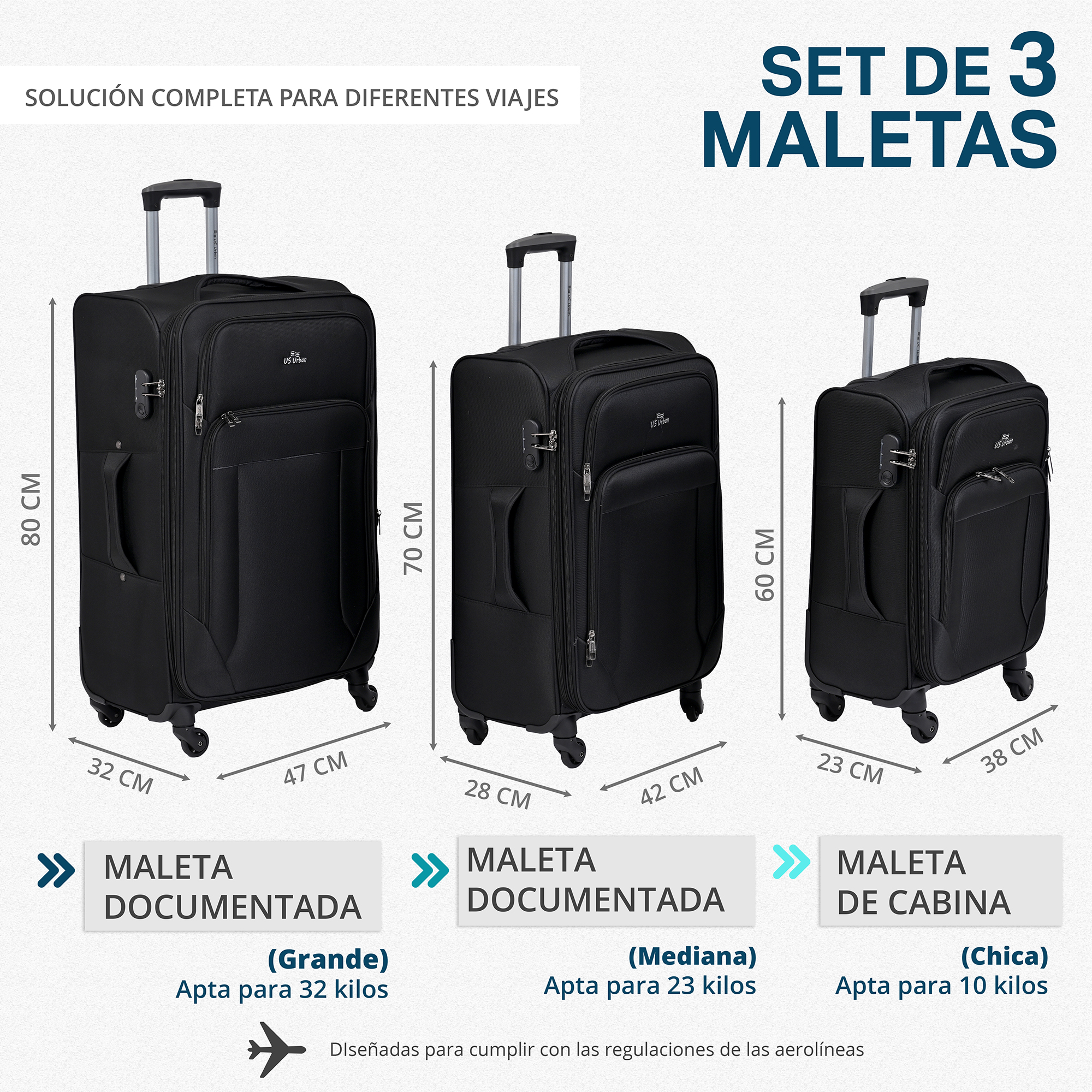 Foto 4 pulgar | Set de Maletas Us Urban Negro 3 Piezas