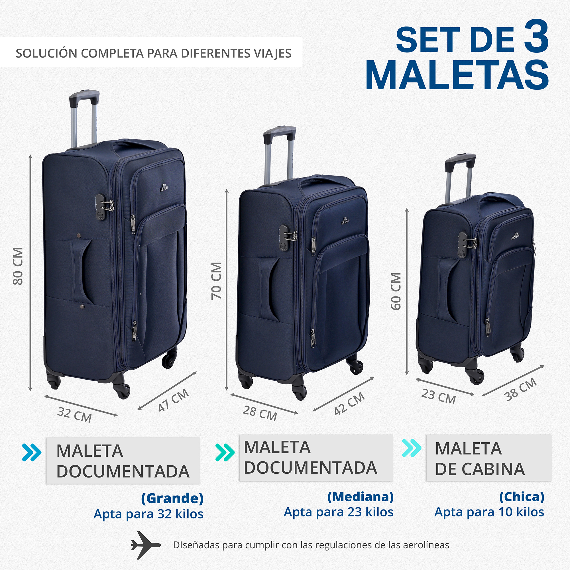 Foto 4 pulgar | Set de Maletas Us Urban 3 piezas Azul