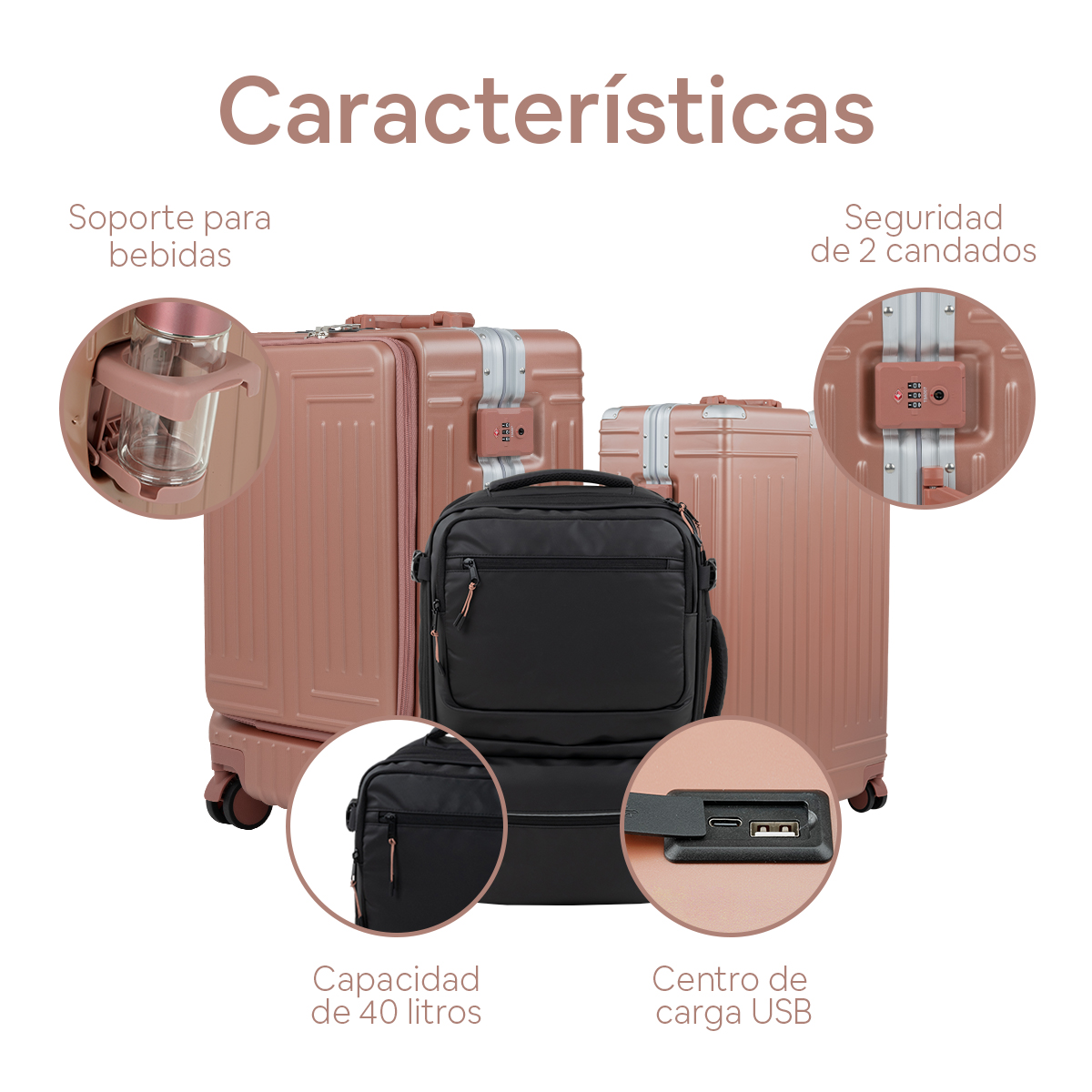 Foto 2 | Juego De 2 Maletas Y Mochila De Viaje Rollway Rw-lu04 Oro Rosado