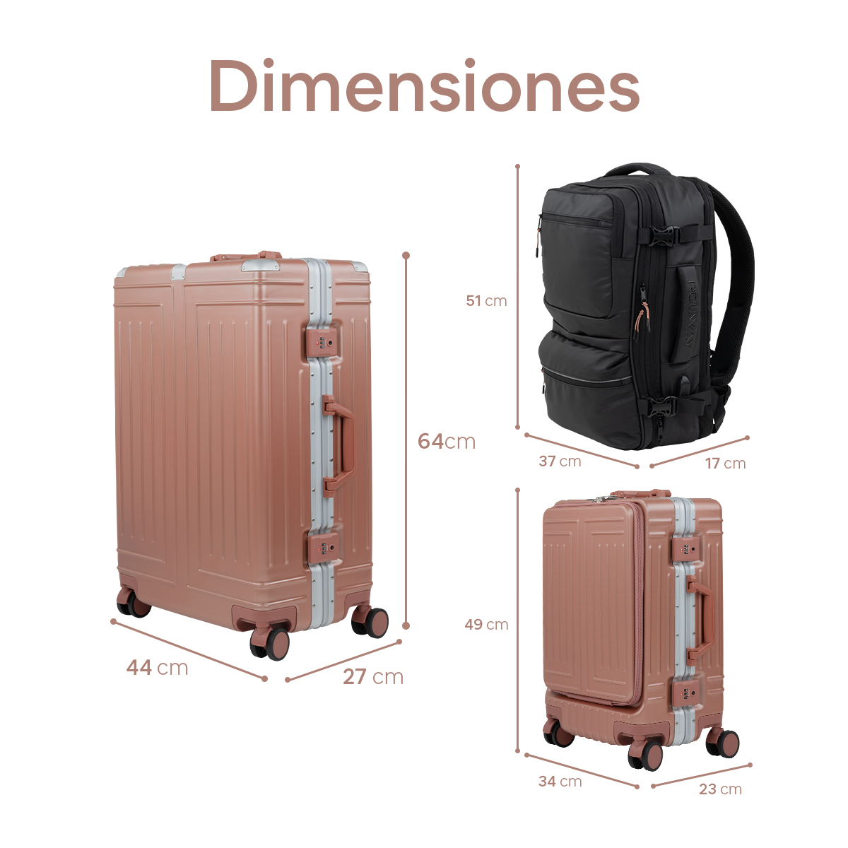 Foto 3 | Juego De 2 Maletas Y Mochila De Viaje Rollway Rw-lu04 Oro Rosado