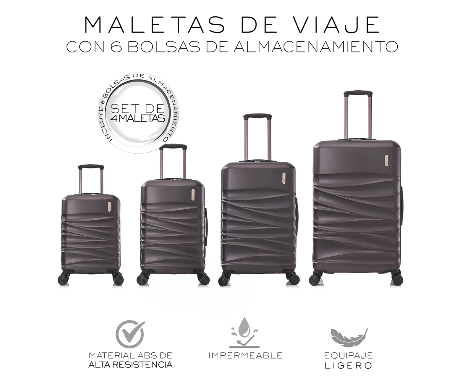 Foto 2 | Set de 4 Maletas Rígidas con Ruedas Giratorias Basitex  Cafés