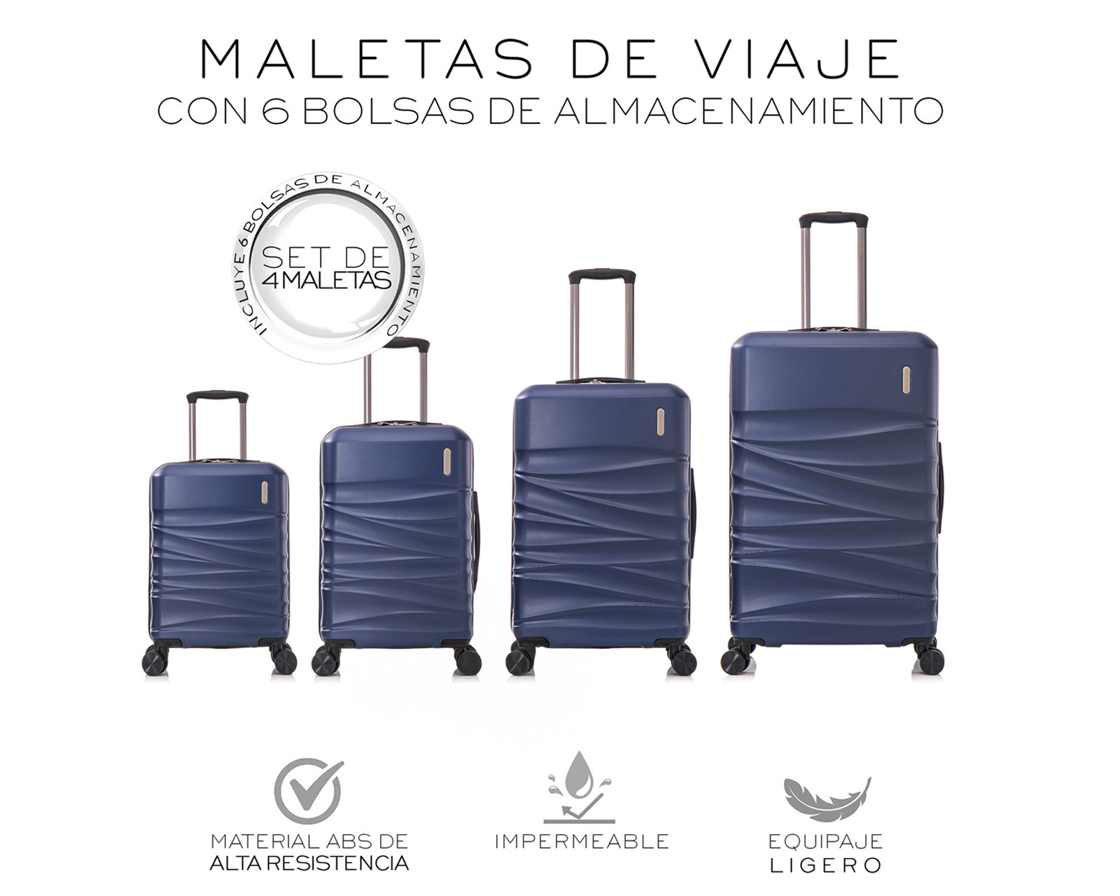 Foto 3 pulgar | Set de 4 Maletas Rígidas con Ruedas Giratorias Basitex Azul Marino