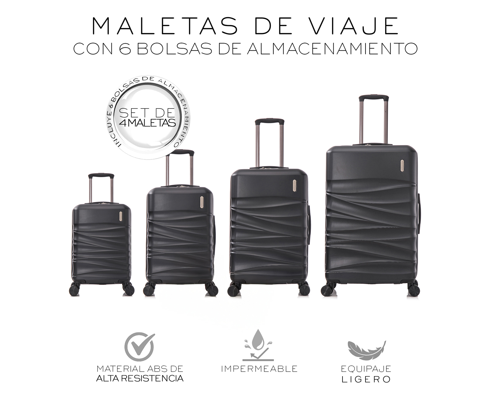 Foto 3 pulgar | Set de 4 Maletas Rigidas con Ruedas Giratorias Basitex Negras