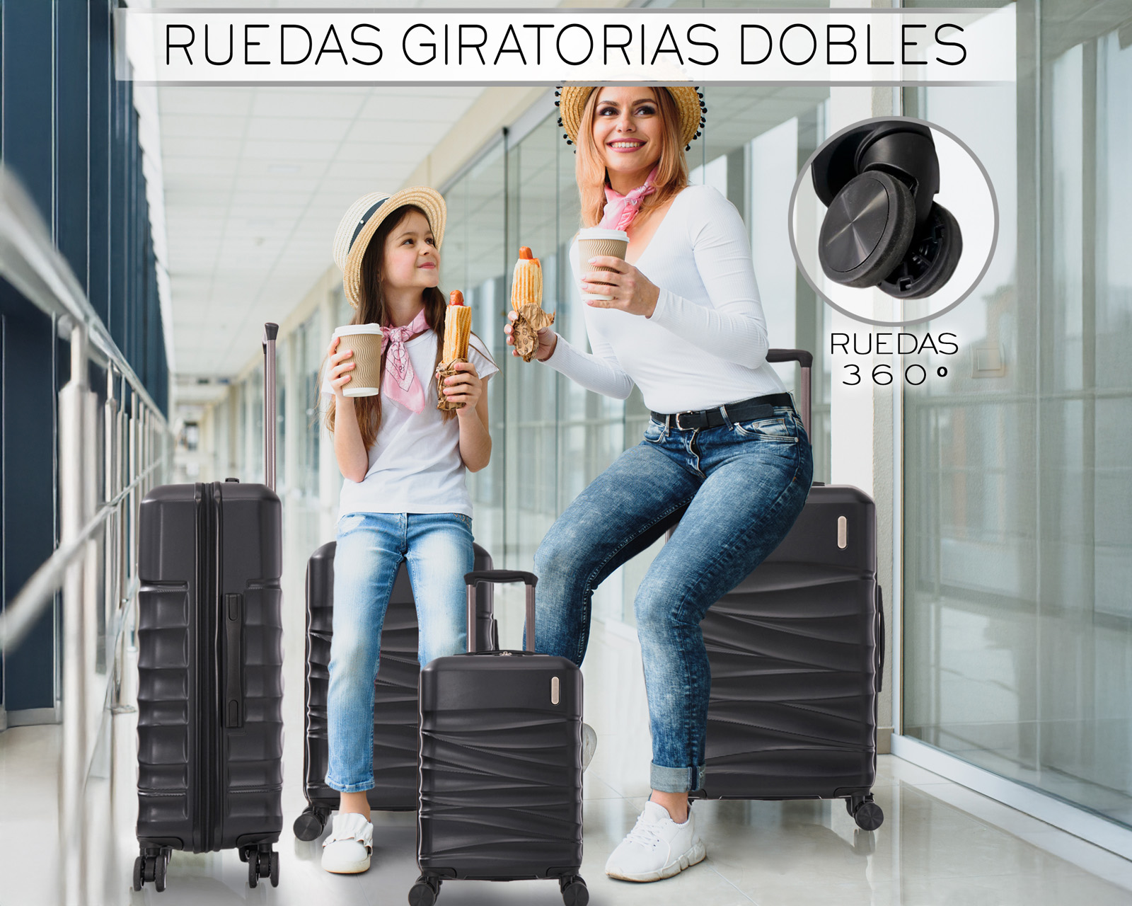 Foto 7 pulgar | Set de 4 Maletas Rigidas con Ruedas Giratorias Basitex Negras