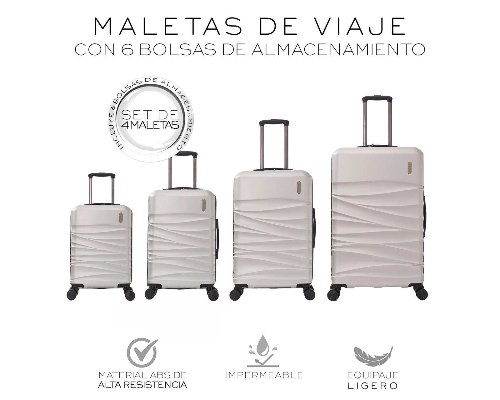 Foto 3 pulgar | Set de 4 Maletas Rigidas con Ruedas Giratorias Basitex Plateadas