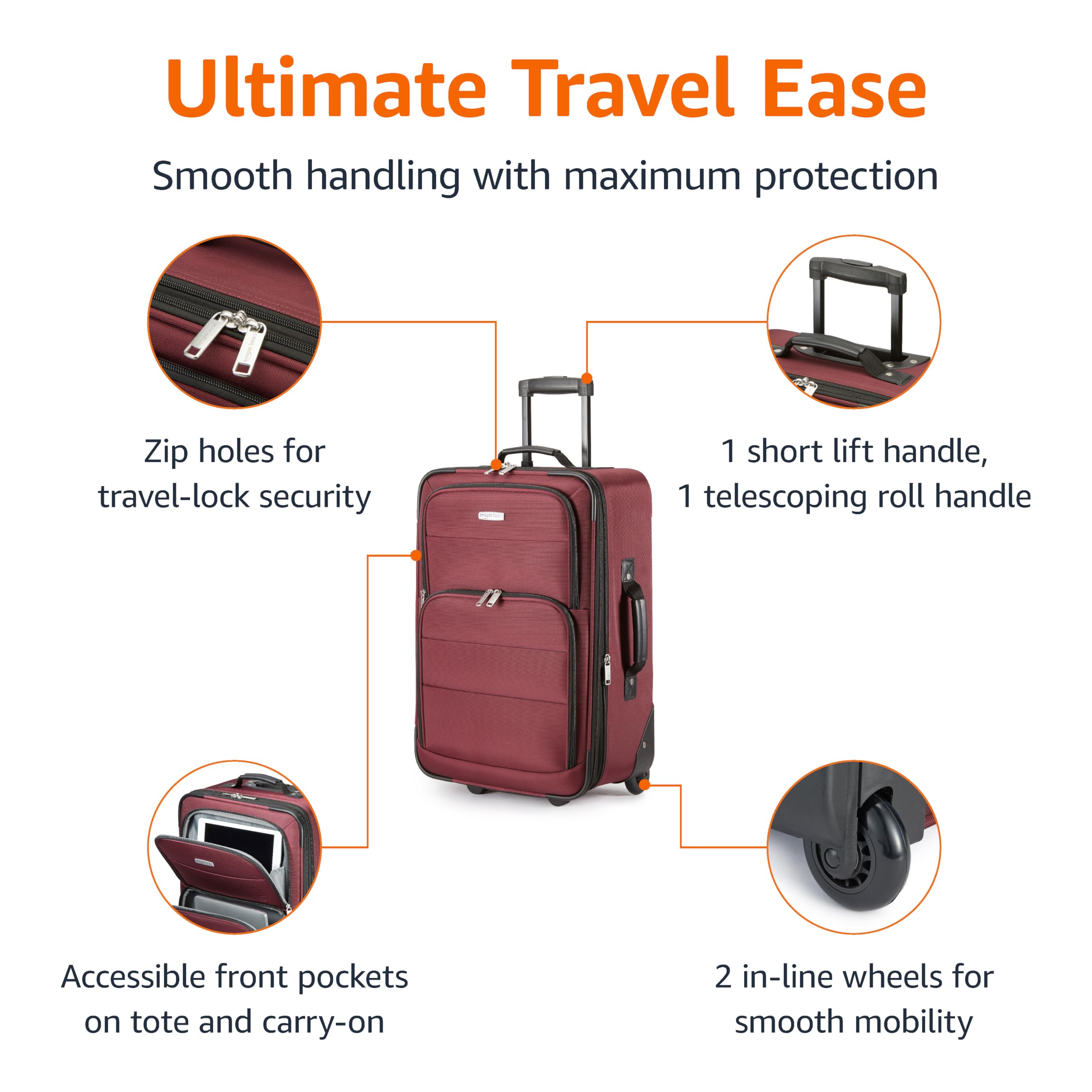 Foto 3 | Juego de Equipaje Amazon Basics Carry On de 23" con Bolsa de Mano Rojo - Venta Internacional