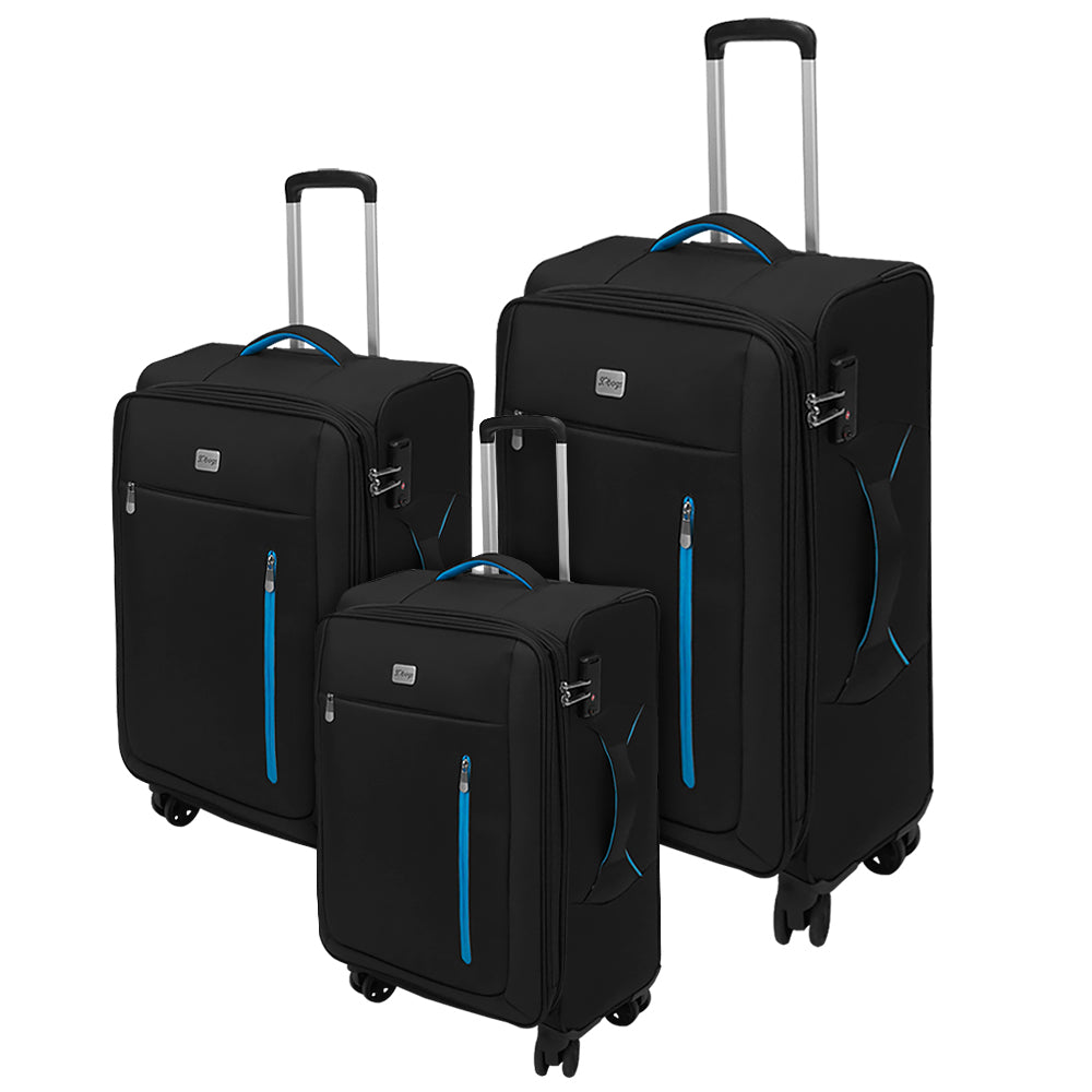 Set de 3 Maletas de Tela Play SQbags Negra con Azul 20'' 24'' 28”