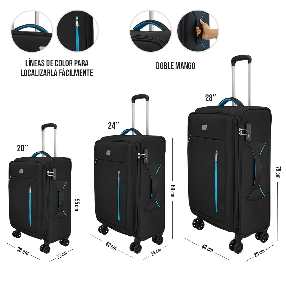 Foto 7 pulgar | Set de 3 Maletas de Tela Play SQbags Negra con Azul 20'' 24'' 28”
