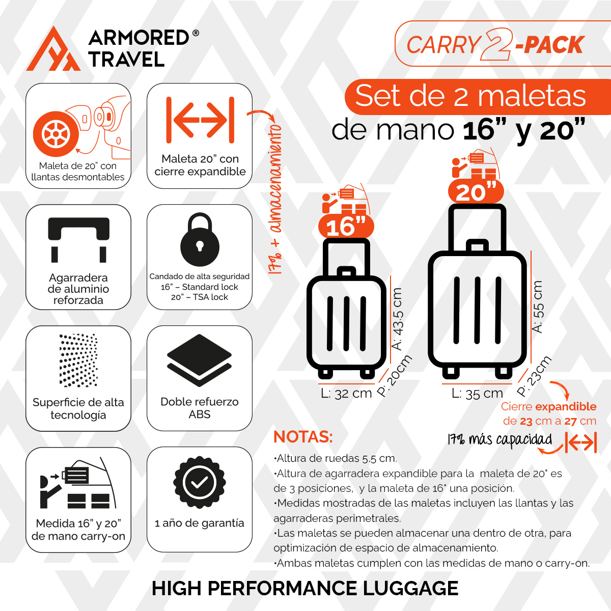 Foto 3 pulgar | Maletas de Viaje Carry-on 10kg Rígida 2 Pack 20 y 16 Pulgadas con Llantas Desmontables