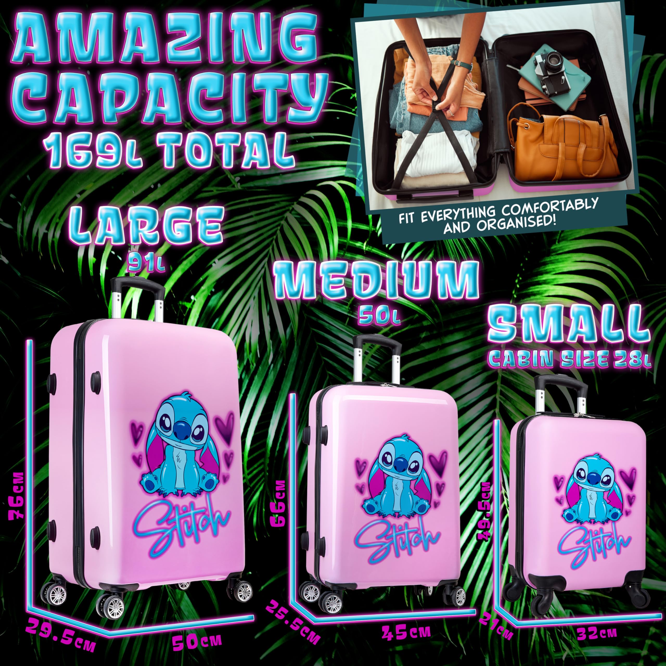 Foto 6 pulgar | Set De Maletas Disney Hard Shell De 28 L, 50 L Y 91 L Con 4 Ruedas, Color Rosa - Venta Internacional.