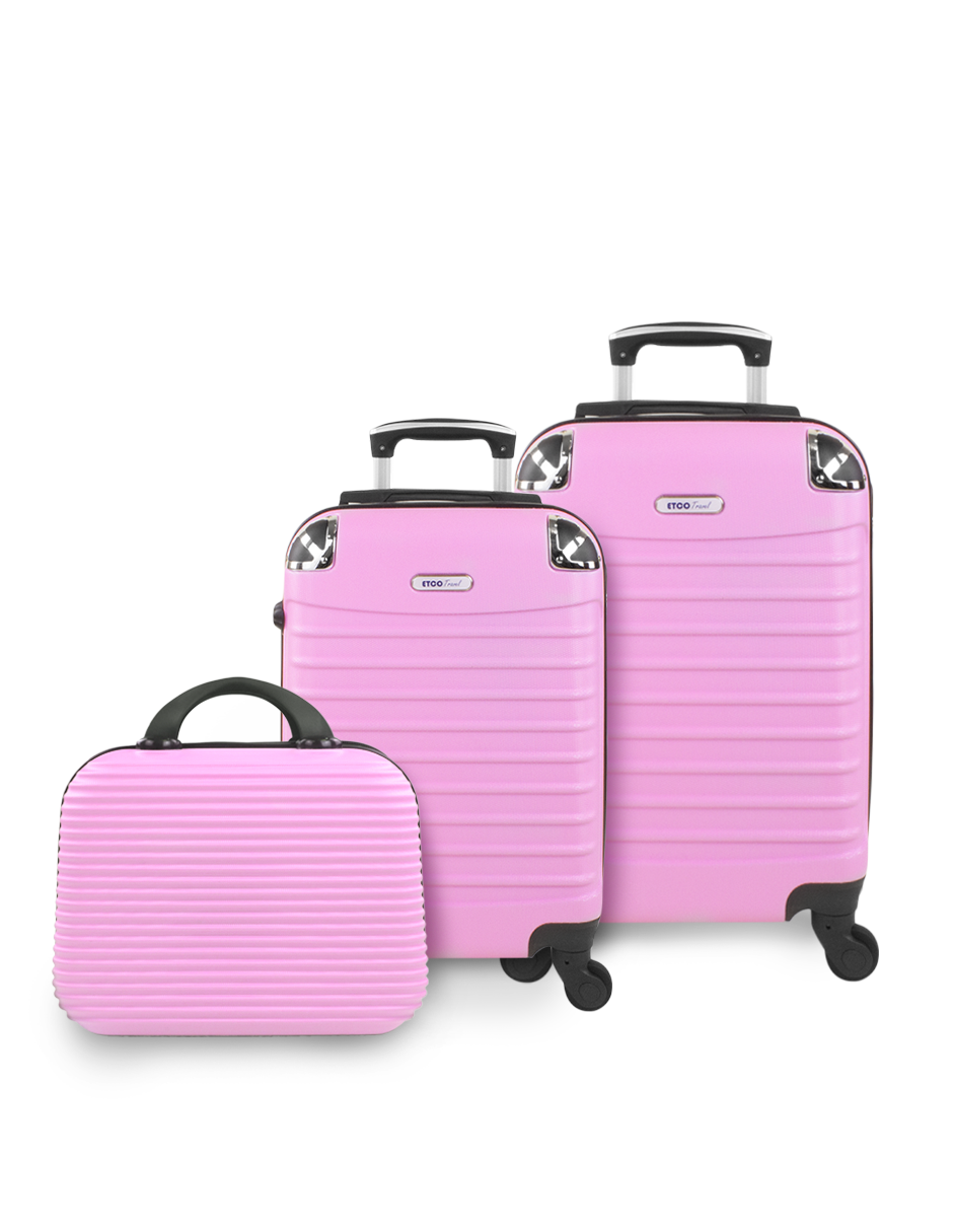 Maletas de Mano + Neceser Rosa Claro Llantas Desmontables 3 Piezas