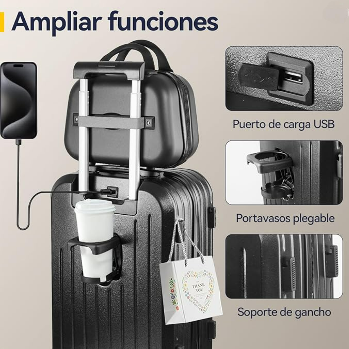 Foto 4 pulgar | Maletas De Viaje, 20'' Y 14'', Juego De Equipaje Con Portavasos, Usb Puerto De Carga Y Práctico Gancho, Ruedas G