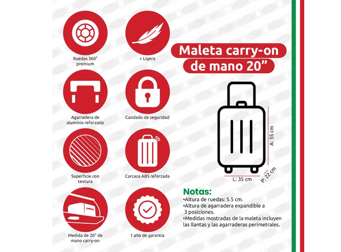 Foto 3 pulgar | Maleta De Viaje Rígida Carry On De Mano Cabina Modelo Argenta 20 Pulgadas 10 Kg Con Candado Seguridad