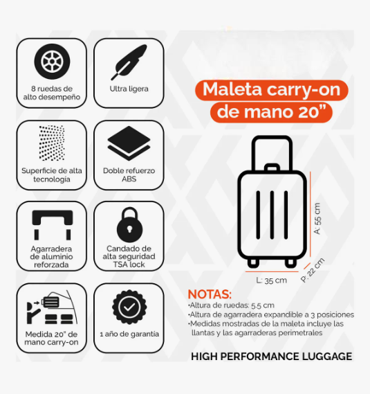 Foto 4 pulgar | Maleta De Viaje Rígida Carry On De Mano Cabina Rosa 20 Pulgadas 10 Kg Con Candado Alta Seguridad