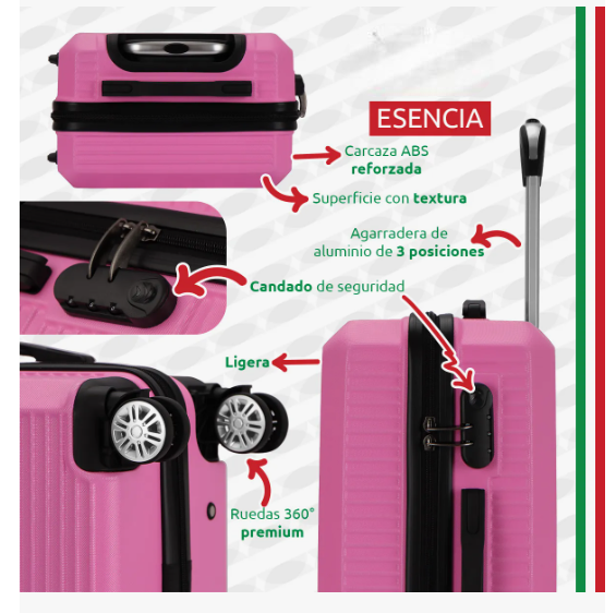 Foto 5 | Maleta De Viaje Rígida Carry On De Mano Cabina Modelo Esencia Rosa 20 Pulgadas 10 Kg Con Candado Seguridad