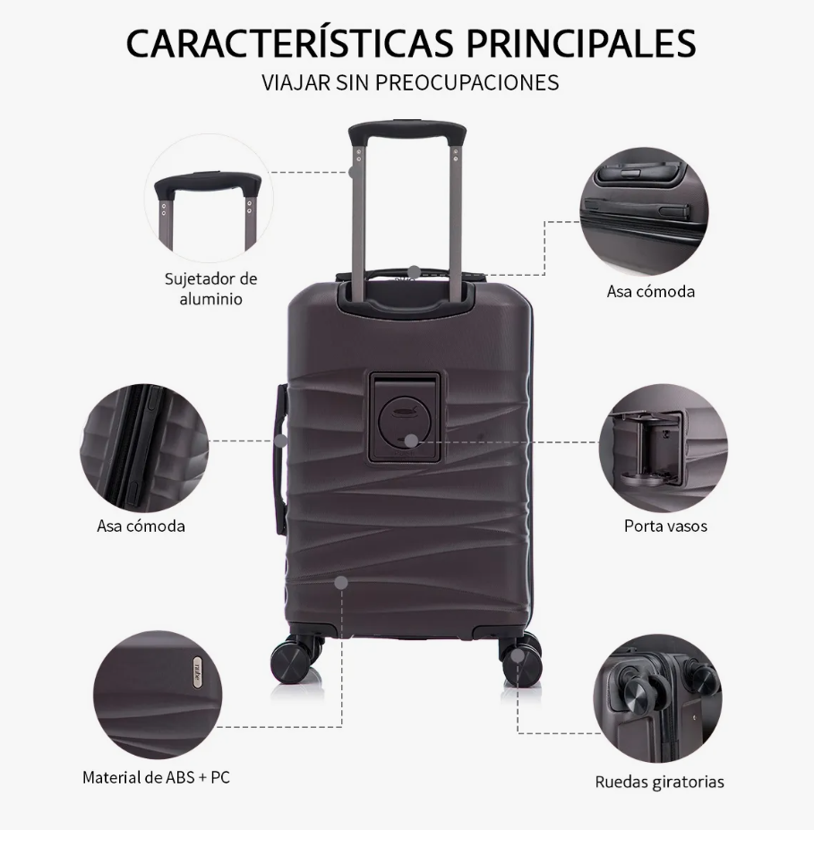 Foto 6 pulgar | Maleta Cabina 20'' Rigida Con Portavasos 10kg Ruedas 360°