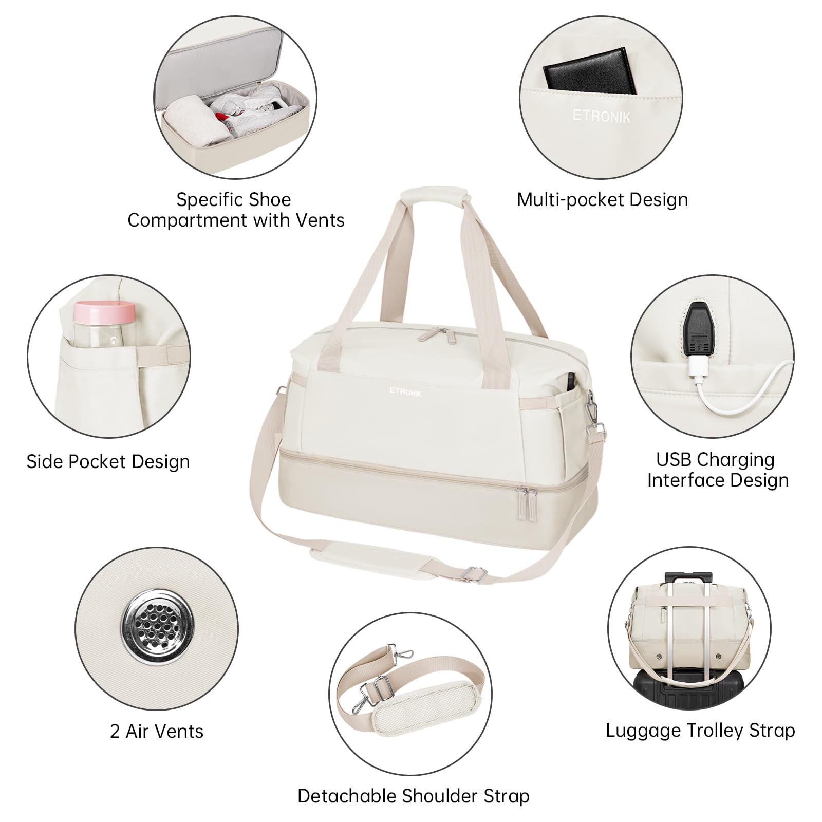 Foto 3 | Bolsa De Gimnasio Etronik Para Mujer, Bolsa De Viaje Con Puerto Usb, Color Caqui - Venta Internacional.
