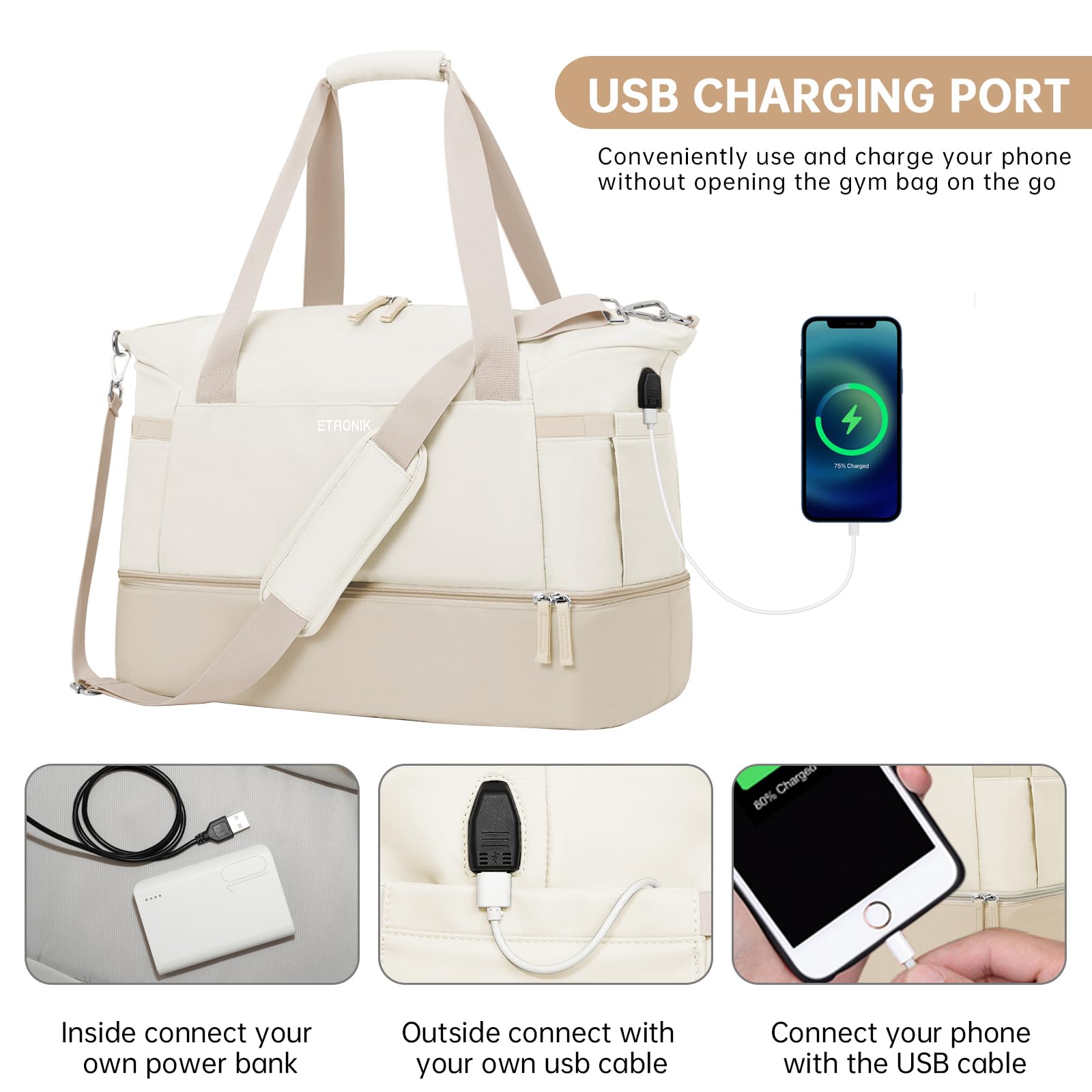Foto 7 pulgar | Bolsa De Gimnasio Etronik Para Mujer, Bolsa De Viaje Con Puerto Usb, Color Caqui - Venta Internacional.