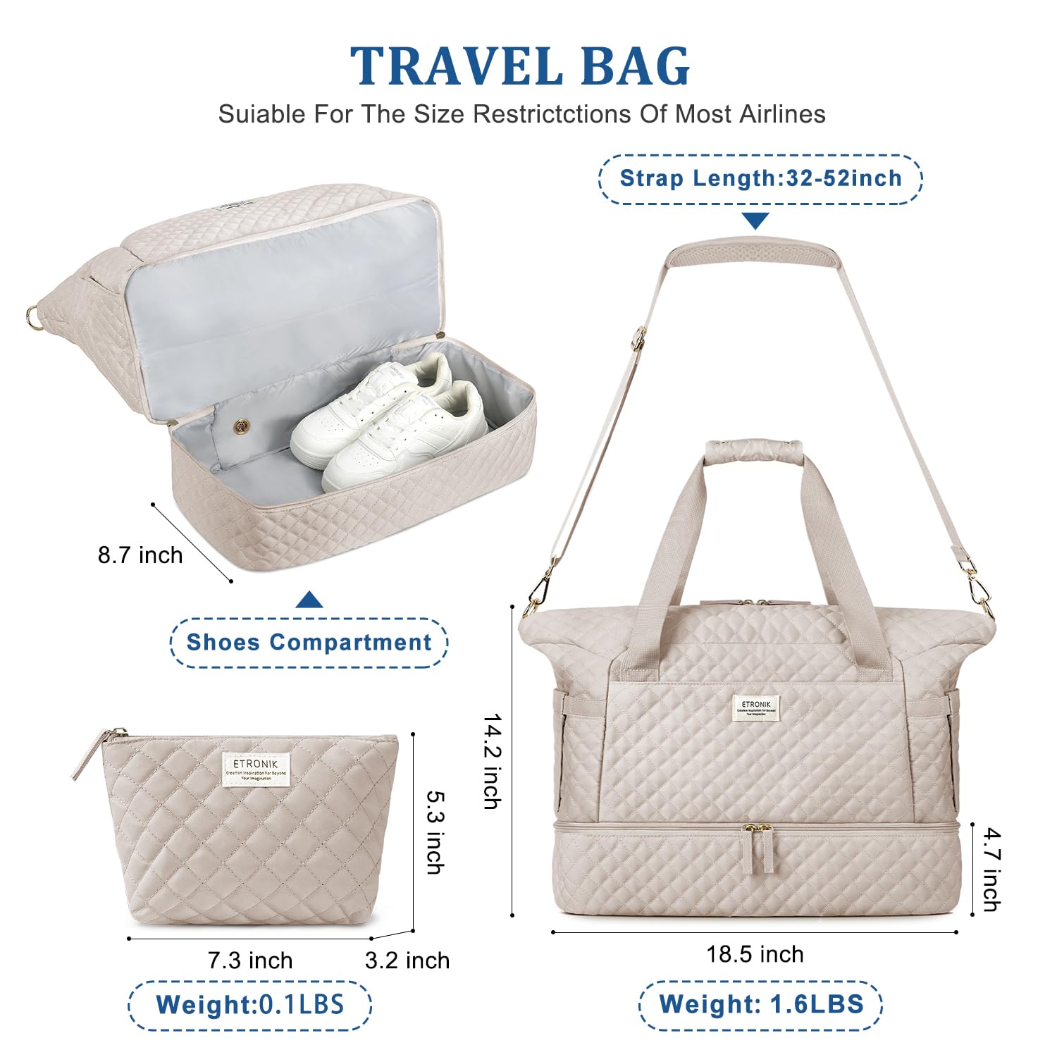 Foto 2 | Bolsa De Viaje Etronik Para Gimnasio Con Compartimento Para Zapatos Para Mujer, Color Caqui - Venta Internacional.