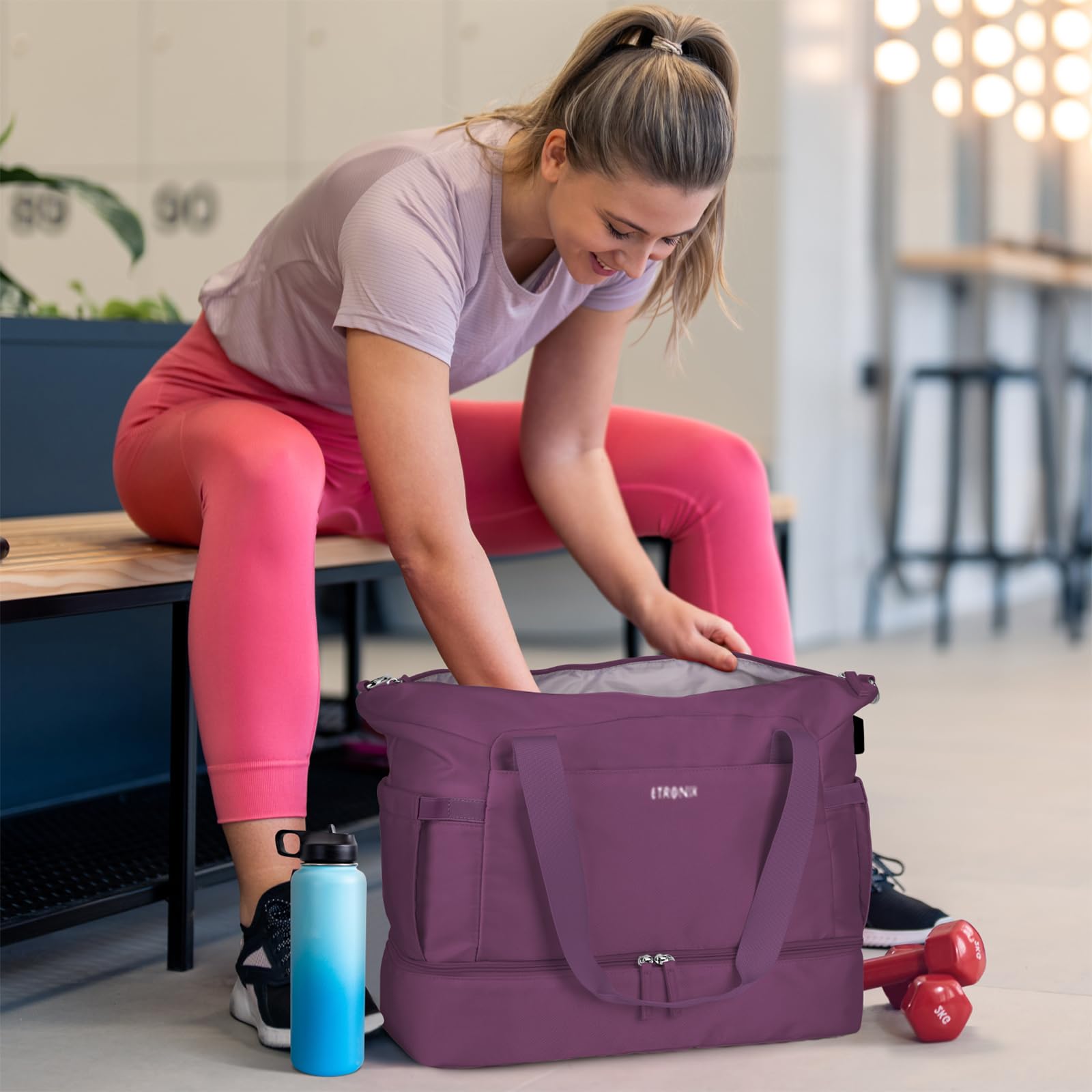 Foto 2 | Bolsa De Gimnasio Etronik Para Mujer, Bolsa De Viaje Con Puerto Usb, Color Morado - Venta Internacional.
