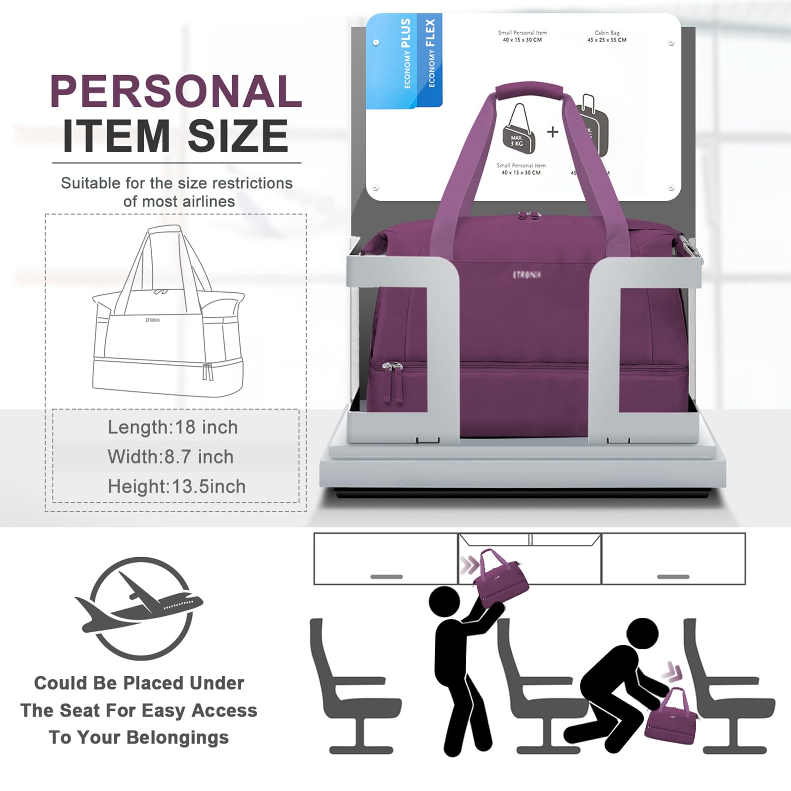 Foto 3 | Bolsa De Gimnasio Etronik Para Mujer, Bolsa De Viaje Con Puerto Usb, Color Morado - Venta Internacional.