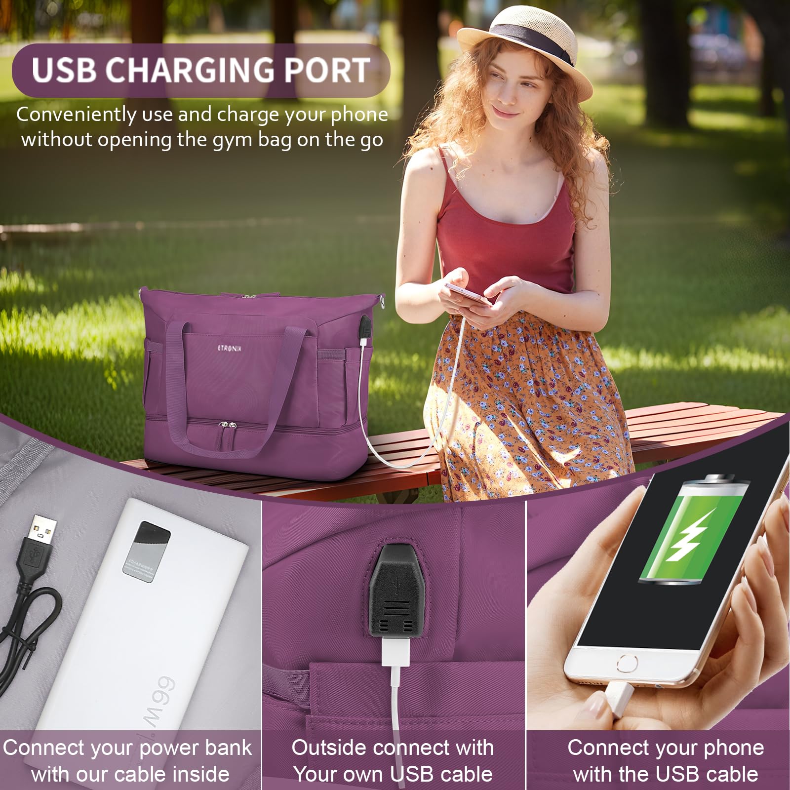 Foto 7 pulgar | Bolsa De Gimnasio Etronik Para Mujer, Bolsa De Viaje Con Puerto Usb, Color Morado - Venta Internacional.