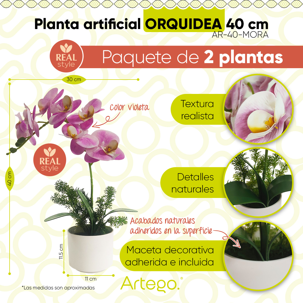 Foto 3 pulgar | Planta Artificial Moderna Con Maceta Decorativa Real Style Orquídea Compacta Pack De 2 Unidades De 40cm De Alto