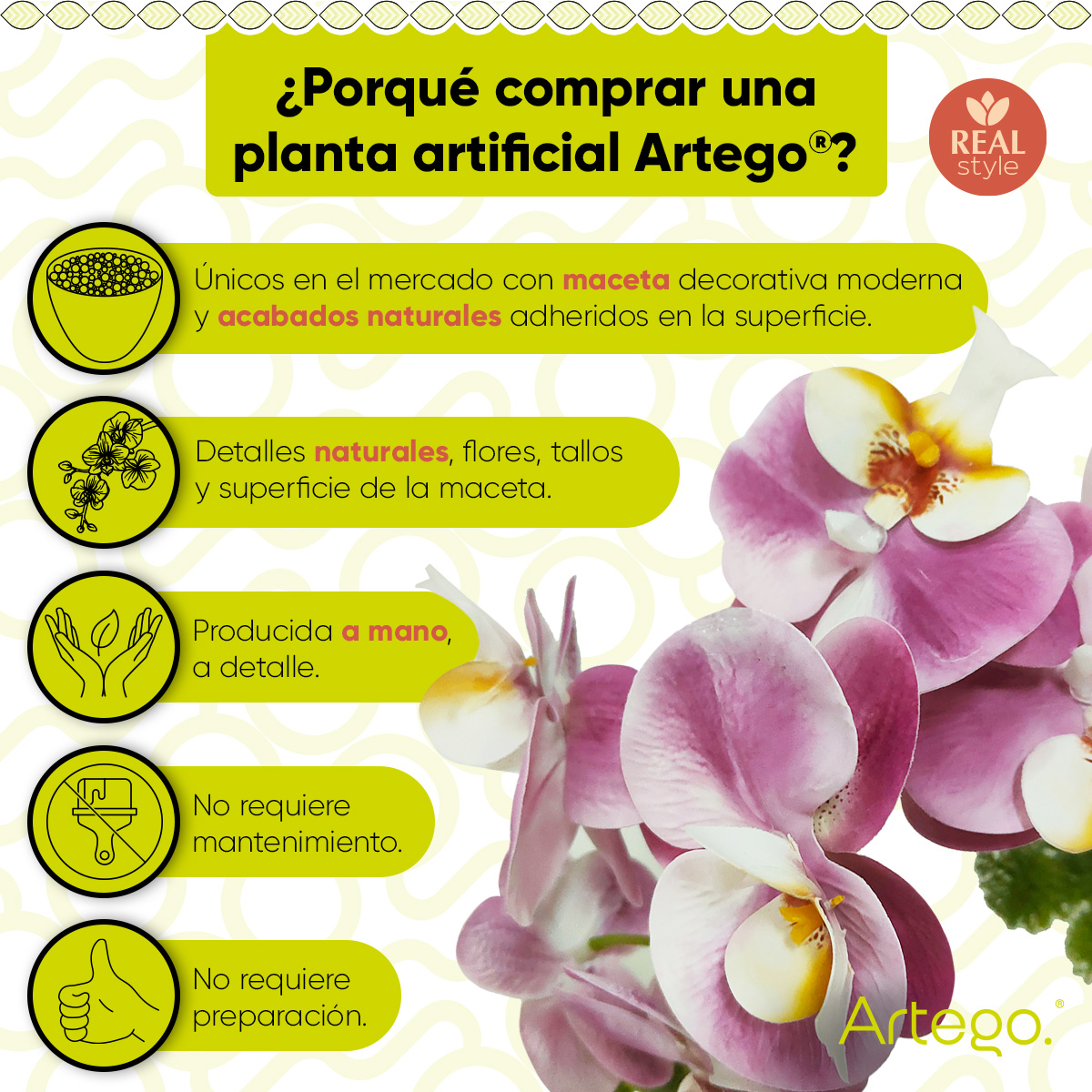 Foto 4 pulgar | Planta Artificial Moderna Con Maceta Decorativa Real Style Orquídea Compacta Pack De 2 Unidades De 40cm De Alto